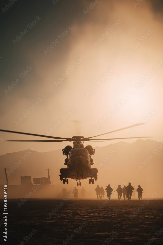 Fototapeta premium Soldiers walk towards helicopter under sunset in dusty landscape during military operation