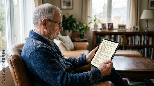 Medium shot of a retiree reviewing guardrail withdrawal rules on a tablet the document sharply detailed against a softly blurred living room setting.