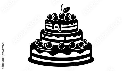 Layered cake silhouette icon with dripping frosting cherries and leaf minimalist dessert vector illustration