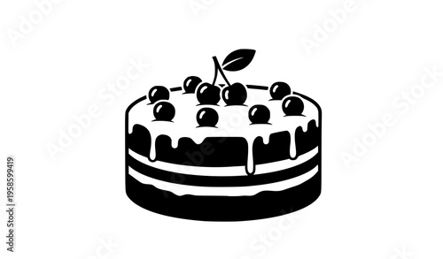 Minimal layered cake silhouette with frosting and cherry decoration black dessert vector illustration