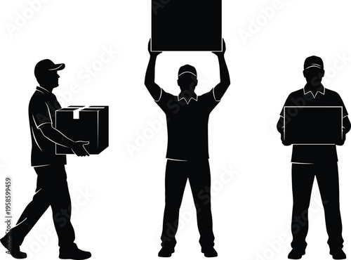 Black silhouette of delivery men carrying cardboard boxes for shipping including courier service logistics warehouse workers and professional movers character icons