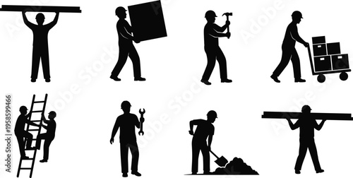 Black silhouette set of industrial workers performing manual labor including carrying boxes using hand trucks climbing ladders and shoveling for construction