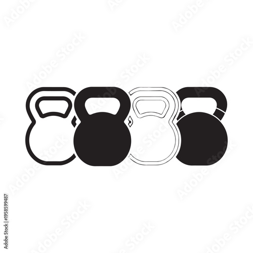 Black and white illustration of three kettlebells in varying styles