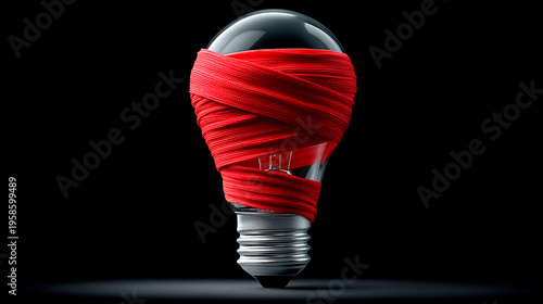 Light bulb wrapped in red thread symbolizing blocked ideas restriction and creative limitation concept