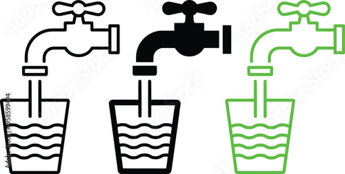 Illustration of water faucets filling containers with different water flow representations