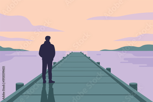 Man Standing on a Pier Looking at the Horizon at Sunset, travel reflection concept