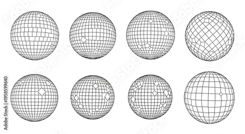 Geometric spheres with wireframe patterns arranged in a grid formation