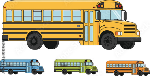 Vector illustration set of school bus icons in yellow blue green and orange colors representing student transportation education and campus shuttle