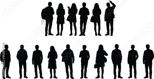 Black silhouette collection of students with backpacks and bags standing in various poses representing education university campus life and teenagers