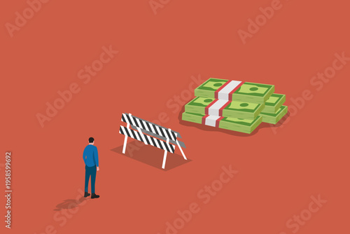 Businessman walking toward a large stack of money behind a road barrier, representing financial goals, overcoming obstacles, and wealth