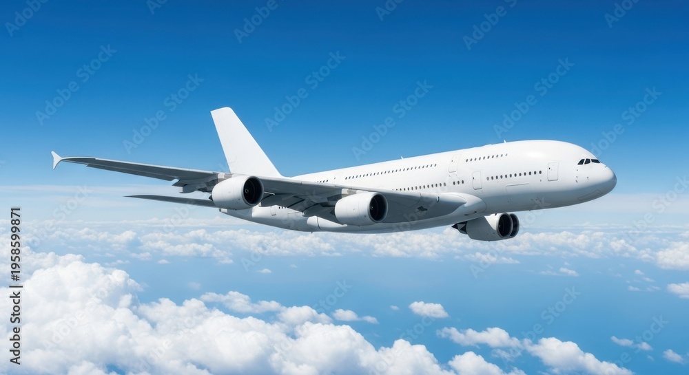 Obraz premium A large white passenger airplane flying through a clear blue sky with fluffy clouds below