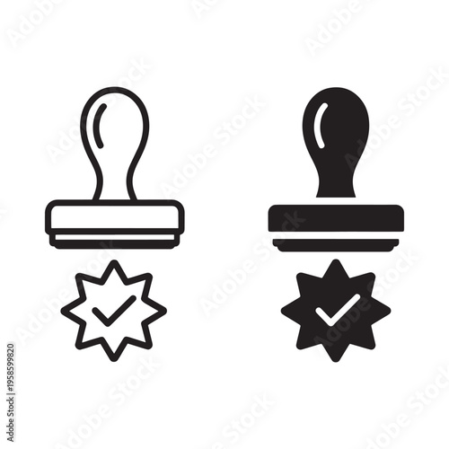 Two stamp icons with starbursts and checkmarks in outline and solid styles