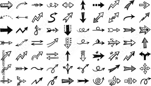 Large Collection Of Hand Drawn Grunge Arrow Icons Featuring Various Shapes Points Curves And Directions In Doodle Style For Creative Design Layouts Vector