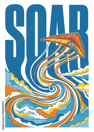 Vintage style hang gliding poster with retro colors and clouds