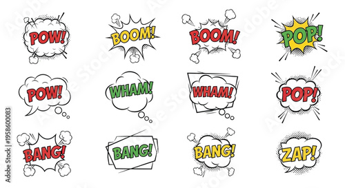 Colorful comic book explosion speech bubbles with onomatopoeic words arranged in rows