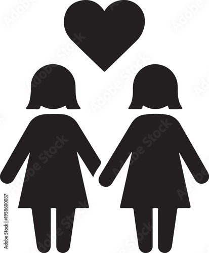 Vector art of black silhouette of two women holding hands with a heart above them
