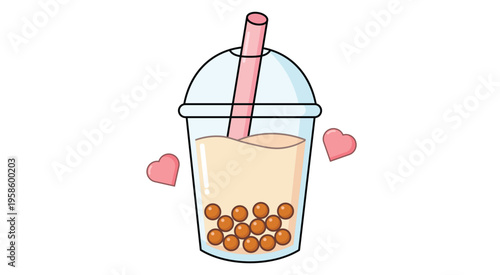 Cute bubble tea drink illustration with hearts isolated on white.