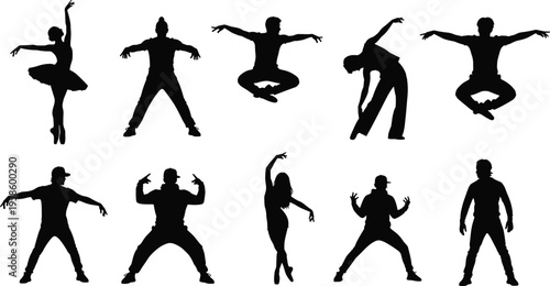 Black silhouette set of diverse dancers including ballet ballerina hip hop breakdance and modern dance performers in various active artistic poses