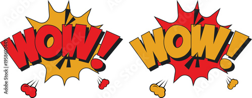 Collection of comic style “WOW!” icon set explosion speech bubbles with bright colors, halftone textures. Perfect for comics, posters, ads, and fun graphic designs.
