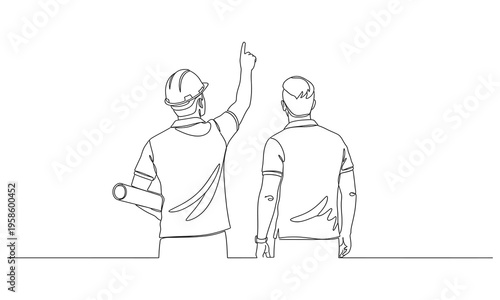 One continuous single drawn line art doodle customer and architect with drawings. Building model with customer, construction design consultation concept, single line art