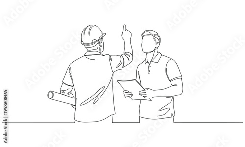 One continuous single drawn line art doodle customer and architect with drawings. Building model with customer, construction design consultation concept, single line art