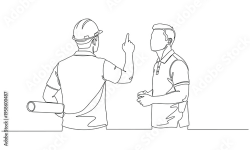 One continuous single drawn line art doodle customer and architect with drawings. Building model with customer, construction design consultation concept, single line art