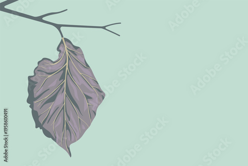 Single Withered Leaf Hanging from a Bare Branch Illustration, decay nature concept with copy space