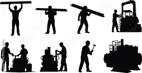 Black silhouette set of industrial workers performing manual labor carrying beams using heavy machinery and tools for construction and engineering