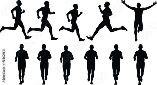 Set of black silhouettes showing fit athletic men running, sprinting, and jogging in various dynamic poses on a white background.