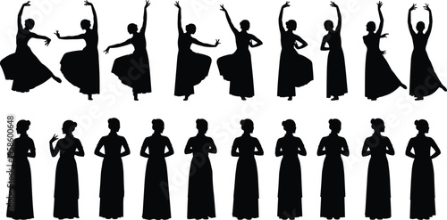 Black silhouettes of a female dancer in traditional dress performing classical Indian dance poses and standing gracefully, isolated on white.