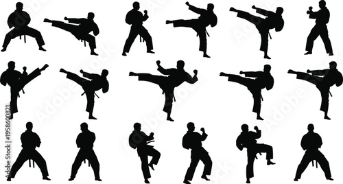 Set of black silhouettes showing male martial arts fighter performing karate kicks and self defense stances isolated on white background.