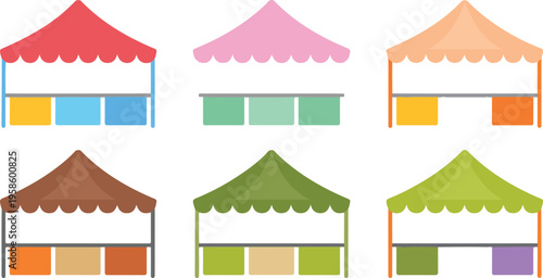 Colorful market tents in simple flat design style, outdoor fair stalls and vendor booths collection for festival and marketplace illustration
