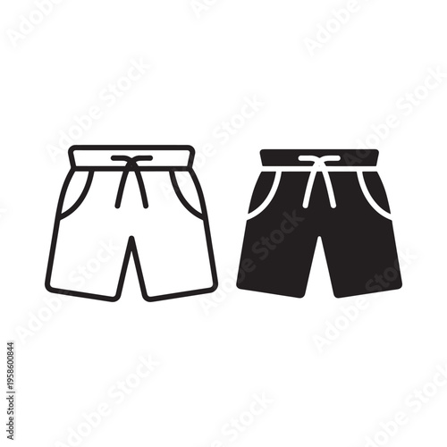 Two pairs of swimming shorts displayed in black and white line art