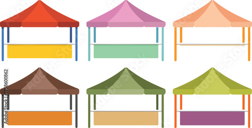 Colorful market tents in simple flat design style, outdoor fair stalls and vendor booths collection for festival and marketplace illustration
