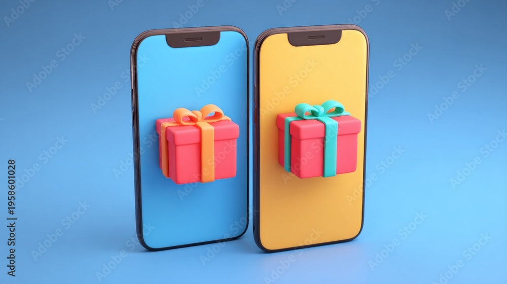 Obraz premium Two smartphones displaying a gift box illustrating the concept of social gifting through applications and digital sharing