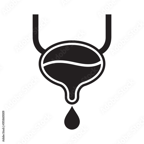 Black and white illustration of a human bladder with a single drop