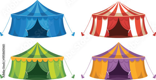 Four colorful tents with unique designs and vibrant patterns, outdoor market stalls and festival booths isolated on white background vector illustration