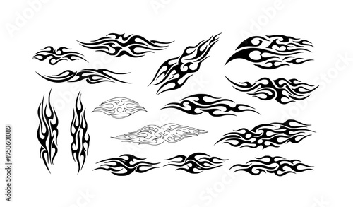 Neo tribal flame vector set with outline and filled fire shapes for car decals