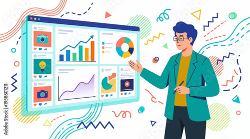 Modern flat vector illustration of a business professional analyzing digital marketing data on a dashboard with abstract Memphis style.