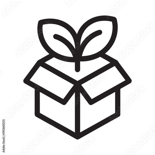 A simple black and white illustration of a plant growing from a box