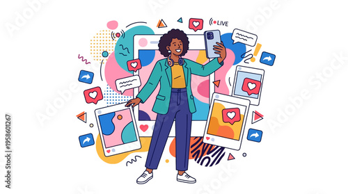 Modern vector scene: Young woman creating content, live streaming, interacting with social media engagement icons.