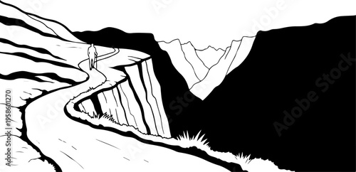 Vector illustration of winding mountain road with cliff