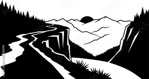 Black and white mountain landscape, scenic vector illustration, winding road, cliffs and trees