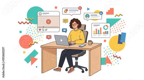 Modern professional working on laptop, immersed in digital communication, social media, and data analysis, with a vibrant Memphis style background. Vector illustration.