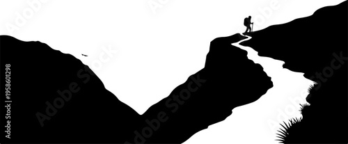 Hiker silhouette, mountain landscape, adventure vector, black and white illustration