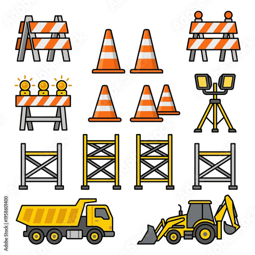 Flat Vector Collection of Essential Construction Site Equipment, Road Work Safety Barriers, and Heavy Machinery Vehicles for Industrial Projects