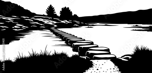 Black and white vector landscape with stepping stones