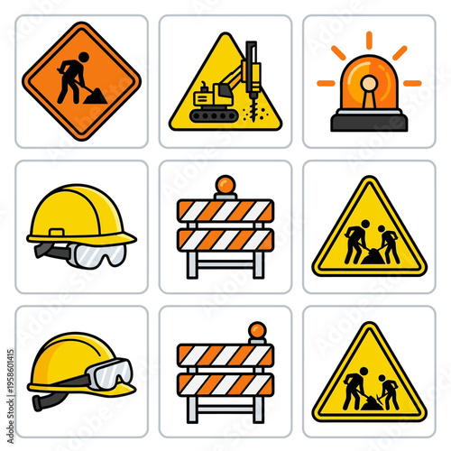 Modern vector icons illustrating construction site safety, road work warnings, heavy equipment, traffic barriers, and protective gear.