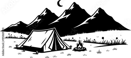 Camping, outdoor adventure, black and white vector illustration, tent and mountains