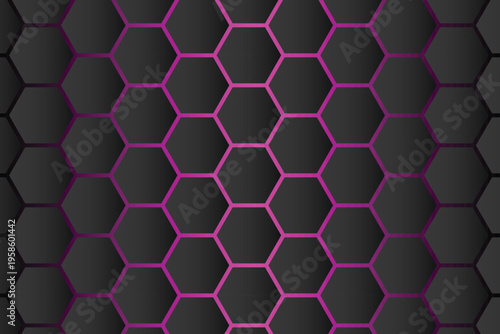 Dark hexagon grid background. Neon magenta line pattern with depth and gradient shading. Abstract technology wallpaper with modern honeycomb structure design.